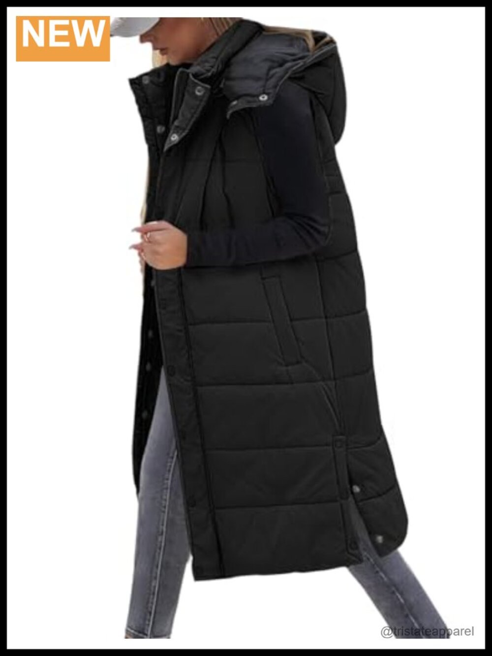 Long Puffer Vest Women Quilted Button Down Sleeveless Hooded Knee Length